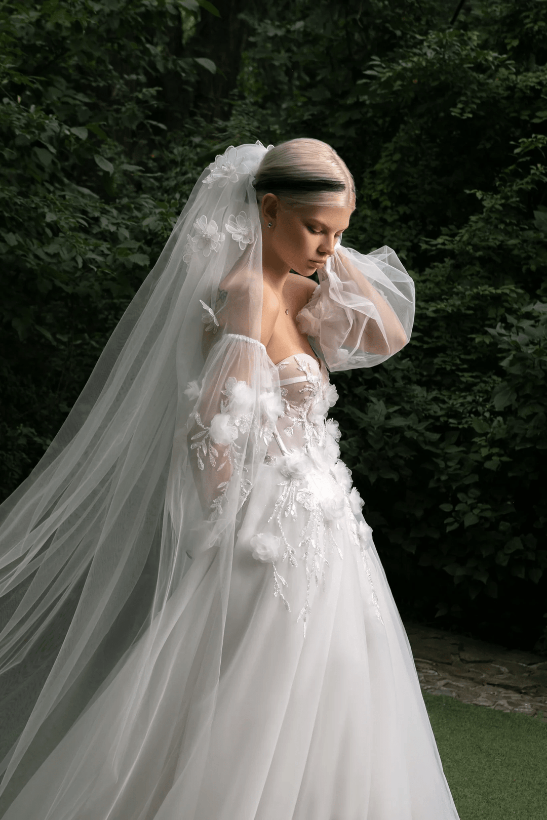 Ivory Tulle Wedding Gown with 3D Flowers – Applique Wedding Dress with Convertible Sleeves and Elegant Train Plus Size - Madalyn - WonderlandByLilian