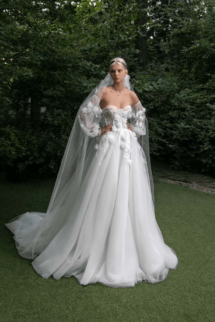 Ivory Tulle Wedding Gown with 3D Flowers – Applique Wedding Dress with Convertible Sleeves and Elegant Train Plus Size - Madalyn - WonderlandByLilian