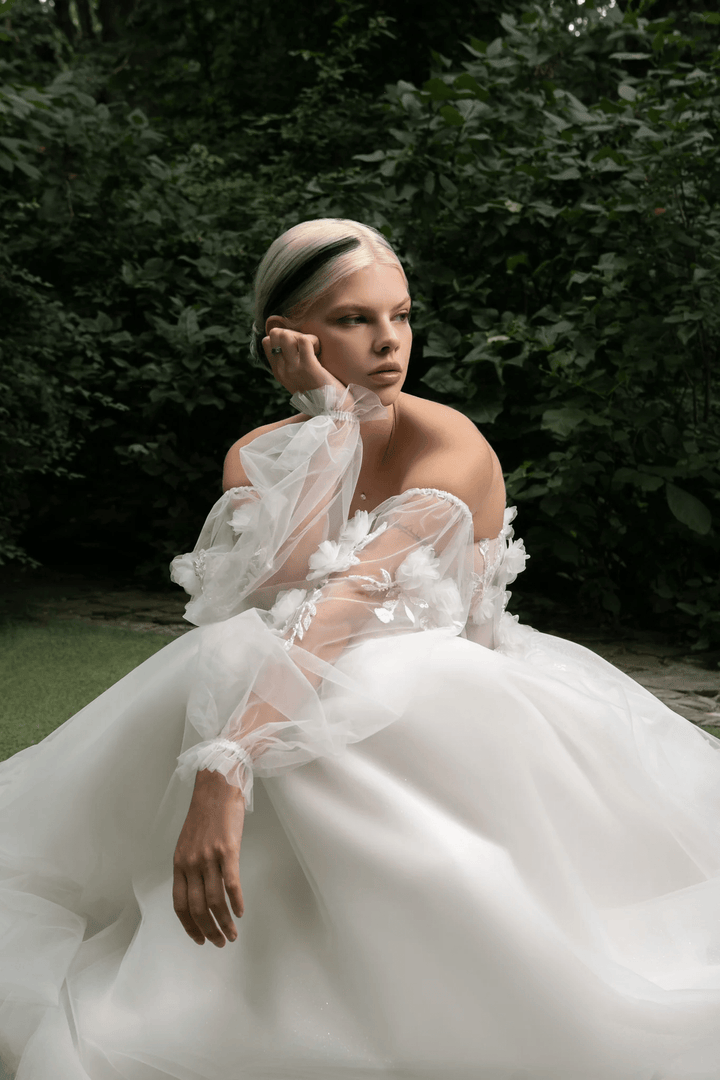 Ivory Tulle Wedding Gown with 3D Flowers – Applique Wedding Dress with Convertible Sleeves and Elegant Train Plus Size - Madalyn - WonderlandByLilian