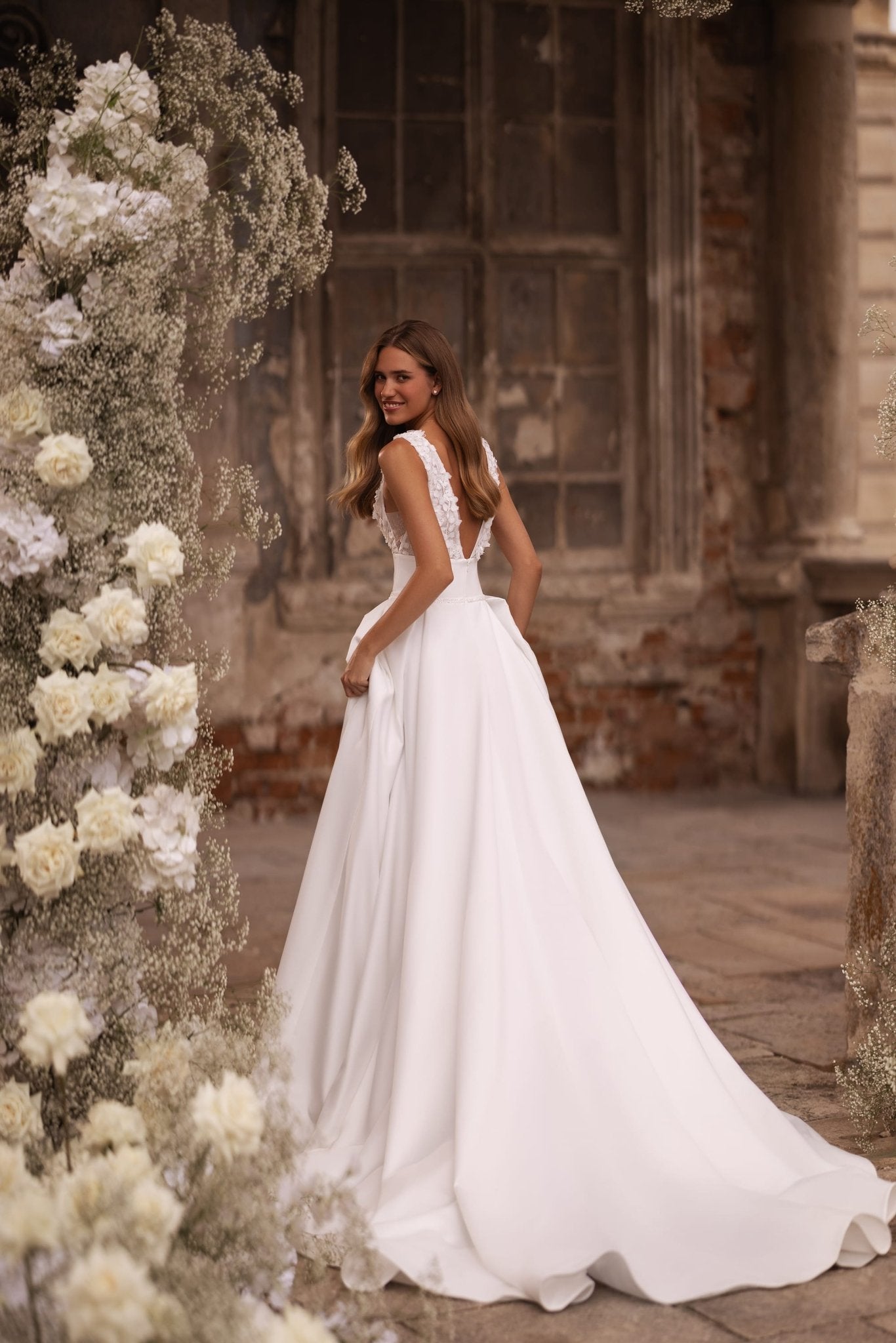 Ivory V-Neck Wedding Dress with High Slit and Draped Fabric Plus Size - WonderlandByLilian
