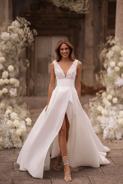 Ivory V-Neck Wedding Dress with High Slit and Draped Fabric Plus Size - WonderlandByLilian