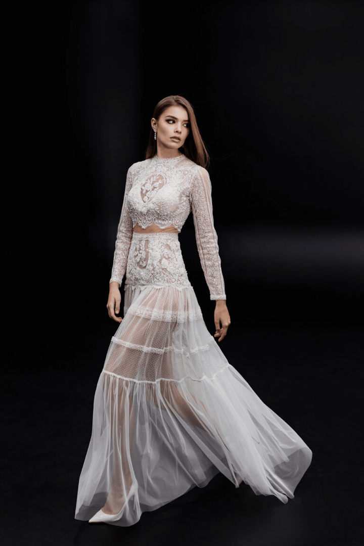 Ivory Vintage Long Sleeve Wedding Dress - Sheer Bridal Gown and Lace Wedding Gown Long Sleeve Plus Size - FRANCIS - WonderlandByLilian