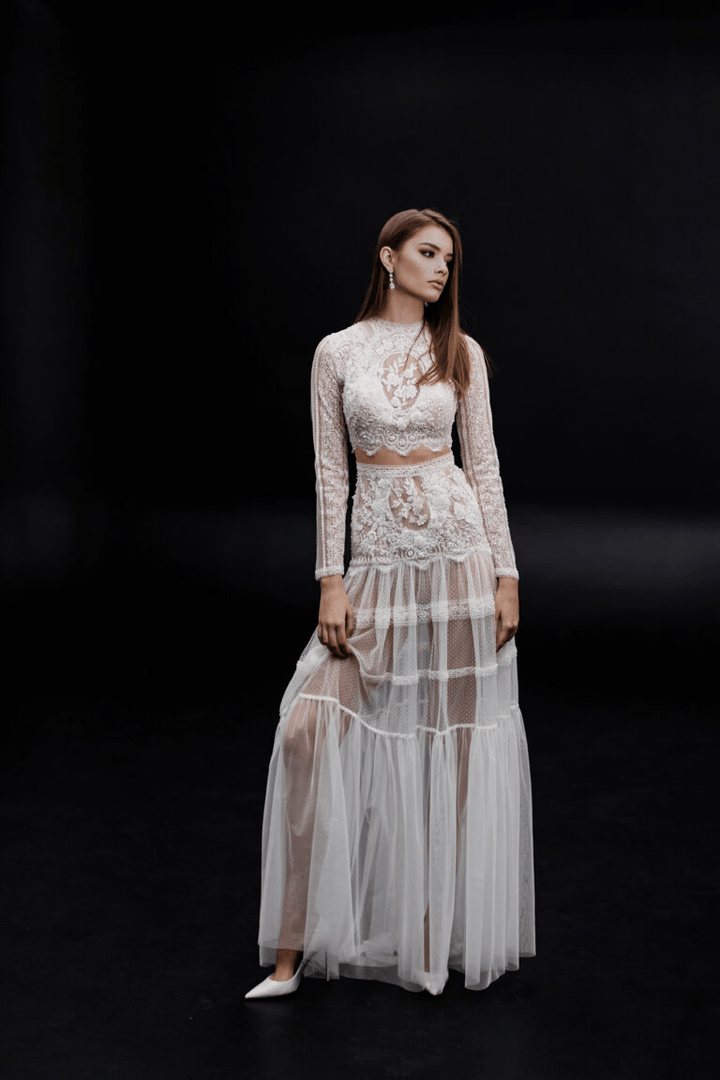 Ivory Vintage Long Sleeve Wedding Dress - Sheer Bridal Gown and Lace Wedding Gown Long Sleeve Plus Size - FRANCIS - WonderlandByLilian