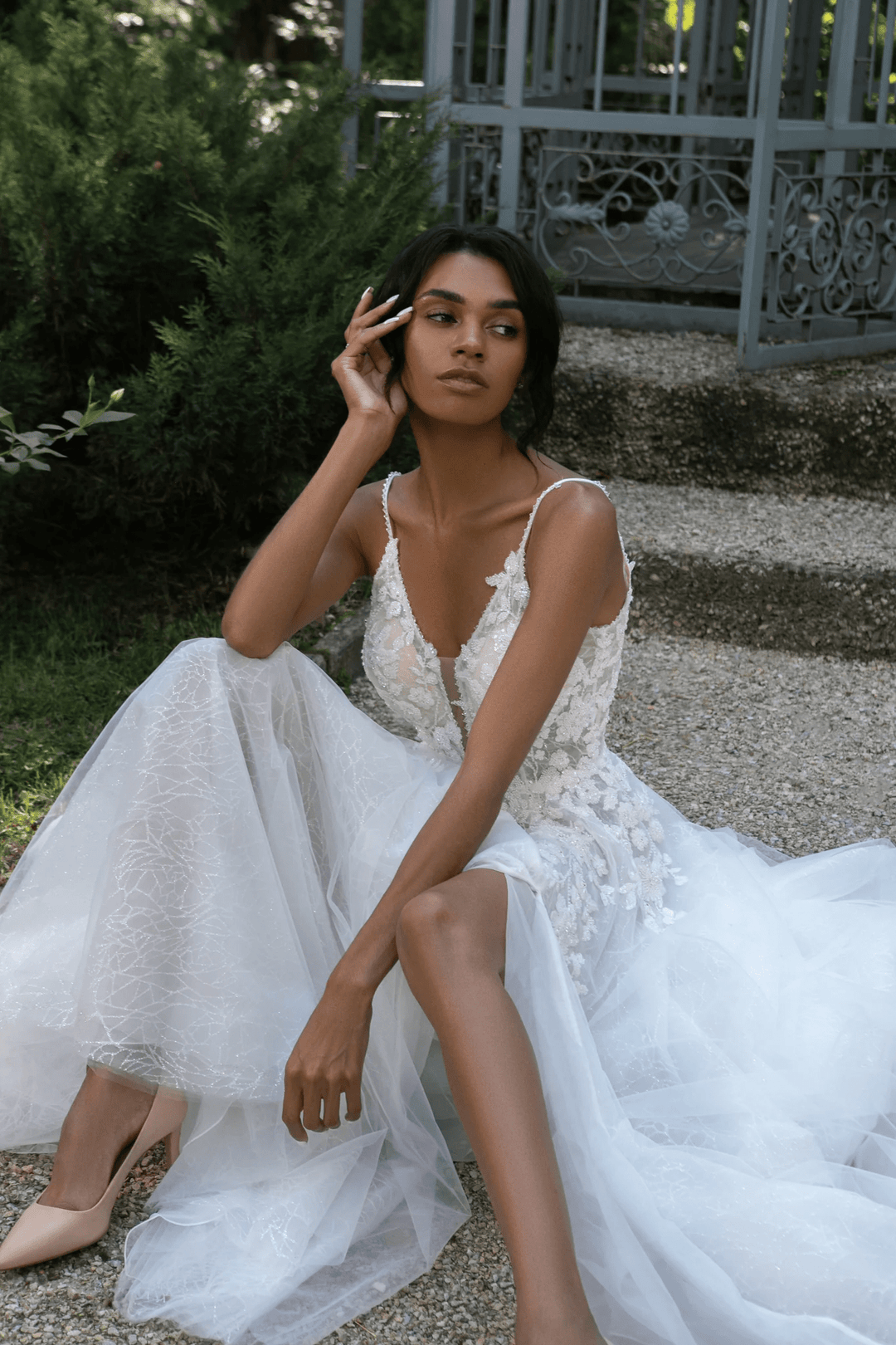 Ivory Wedding Dresses with Lace and Tulle - V - Neck Wedding Dress with Slit – Floral Wedding Dress with Sparkling A - Line Skirt Plus Size - Monroe - WonderlandByLilian