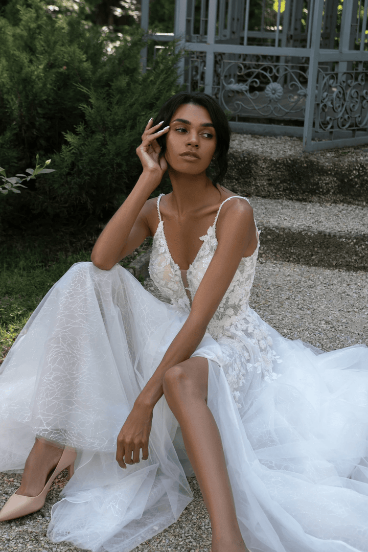 Ivory Wedding Dresses with Lace and Tulle - V - Neck Wedding Dress with Slit – Floral Wedding Dress with Sparkling A - Line Skirt Plus Size - Monroe - WonderlandByLilian