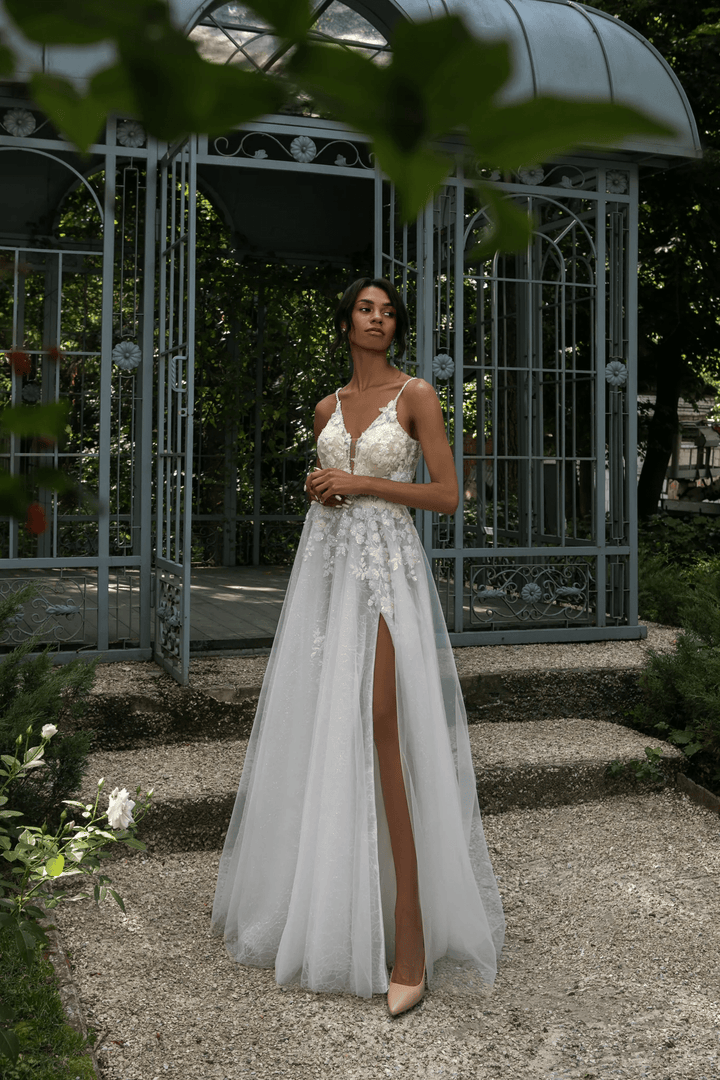 Ivory Wedding Dresses with Lace and Tulle - V - Neck Wedding Dress with Slit – Floral Wedding Dress with Sparkling A - Line Skirt Plus Size - Monroe - WonderlandByLilian