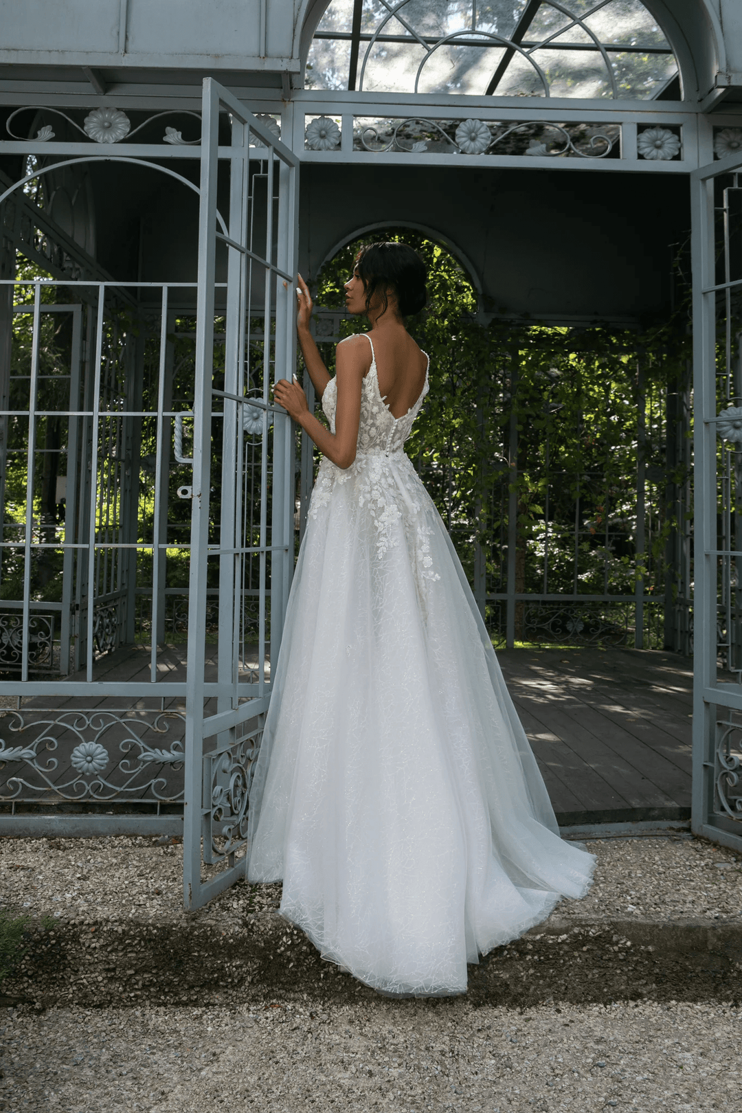 Ivory Wedding Dresses with Lace and Tulle - V - Neck Wedding Dress with Slit – Floral Wedding Dress with Sparkling A - Line Skirt Plus Size - Monroe - WonderlandByLilian