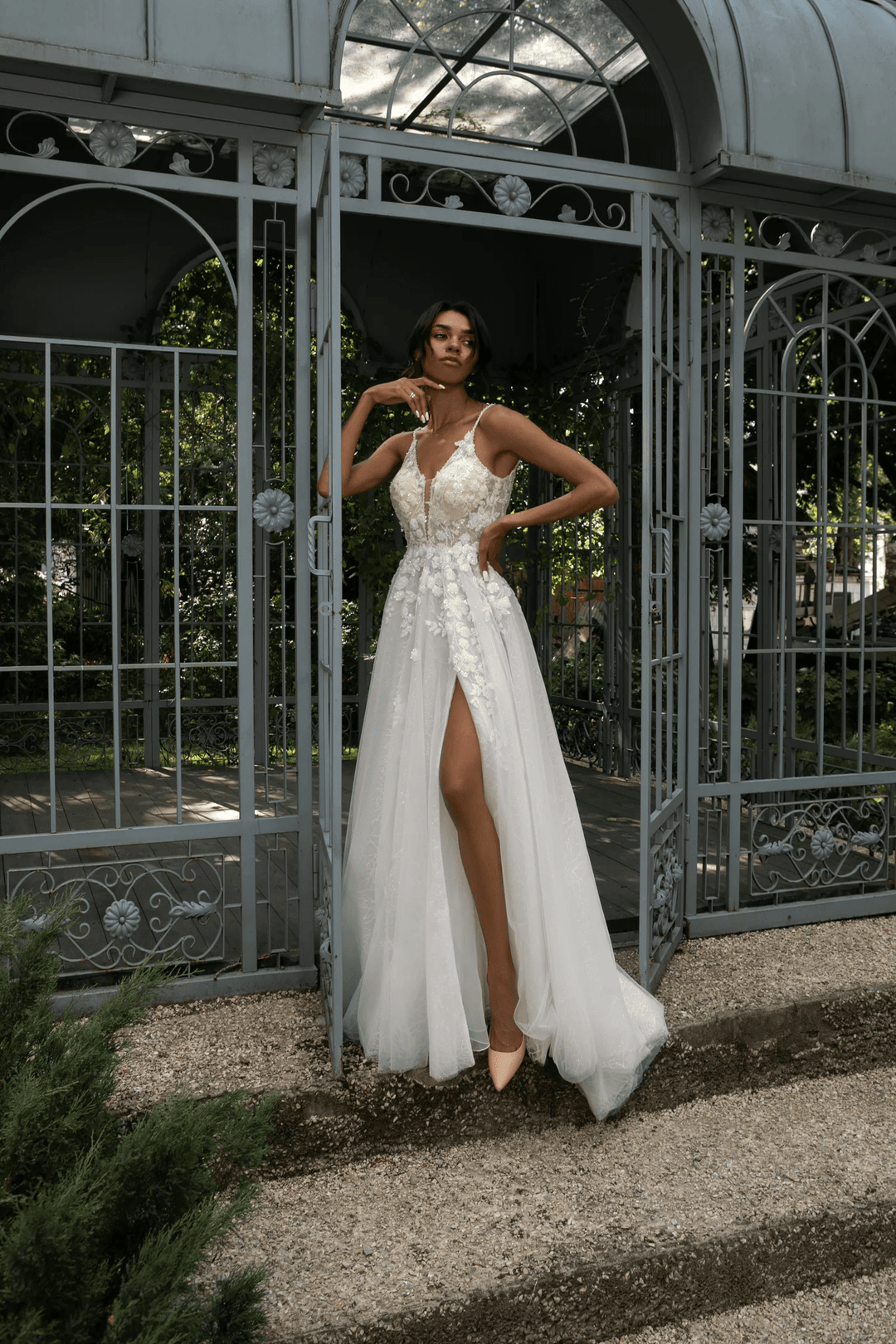 Ivory Wedding Dresses with Lace and Tulle - V-Neck Wedding Dress with Slit – Floral Wedding Dress with Sparkling A-Line Skirt Plus Size
