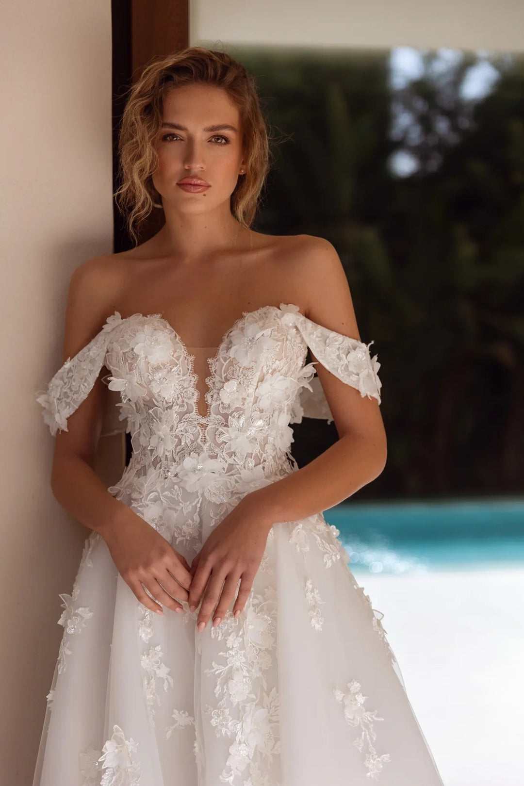 White Off-Shoulder Wedding Dress with Floral Appliqué, A-Line Silhouet – WonderlandByLilian