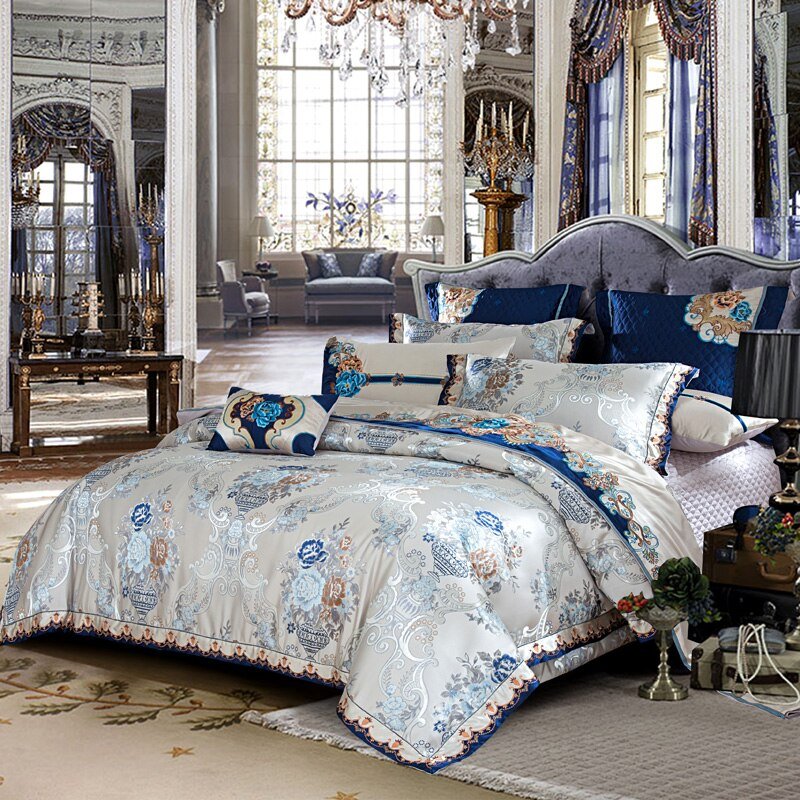 Kaleyra Silver Golden Silk Satin Cotton Bedding Set - WonderlandByLilian