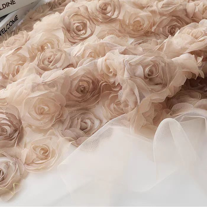 Khaki Gradient Large Rose Appliqué Mesh Lace Fabric for Dresses, Gowns, and Children's Clothing - WonderlandByLilian