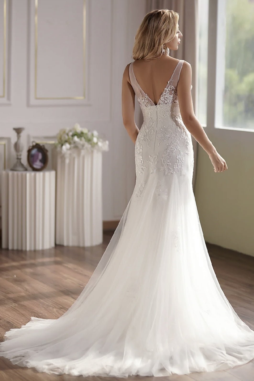 Lace Applique Embroidery Tulle V-Neck Light Ivory Mermaid Wedding Gown - WonderlandByLilian