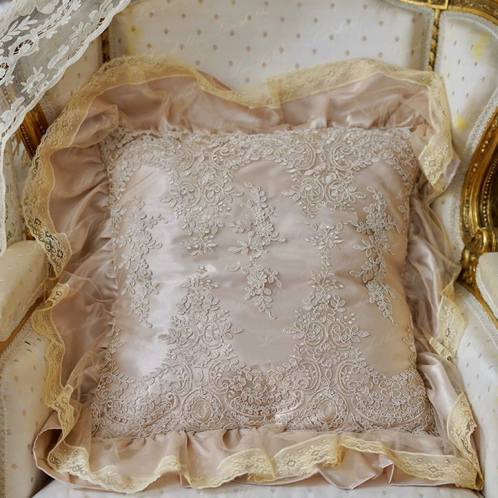 “Lace Reverie” Handmade Tea Gold Satin Cushion – Vintage Floral Throw Pillow with Ruffled Edge - WonderlandByLilian