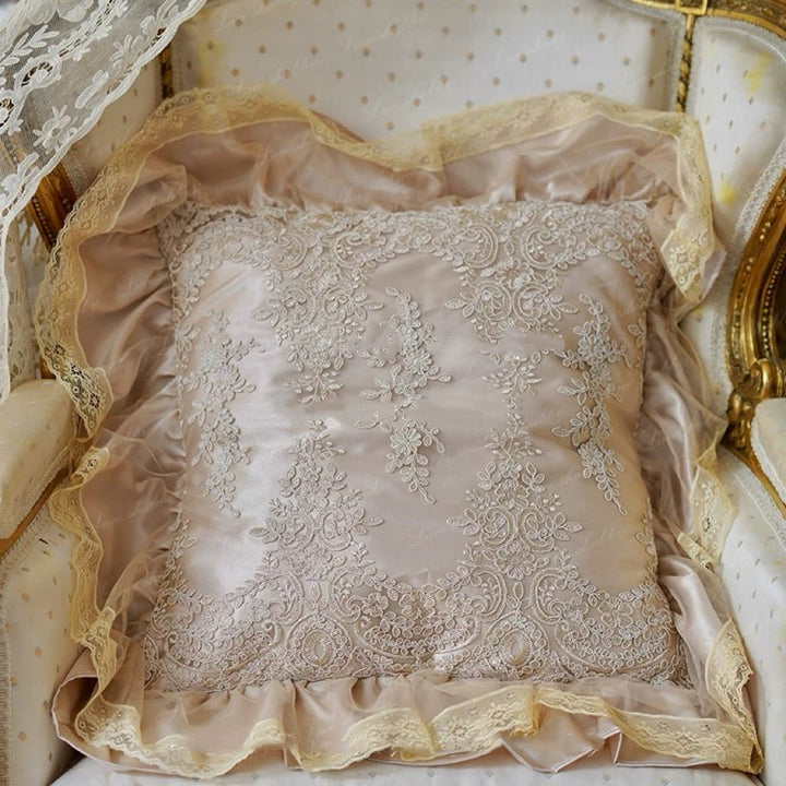 “Lace Reverie” Handmade Tea Gold Satin Cushion – Vintage Floral Throw Pillow with Ruffled Edge - WonderlandByLilian