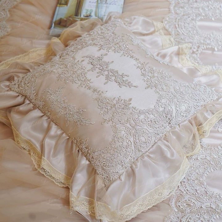 “Lace Reverie” Handmade Tea Gold Satin Cushion – Vintage Floral Throw Pillow with Ruffled Edge - WonderlandByLilian