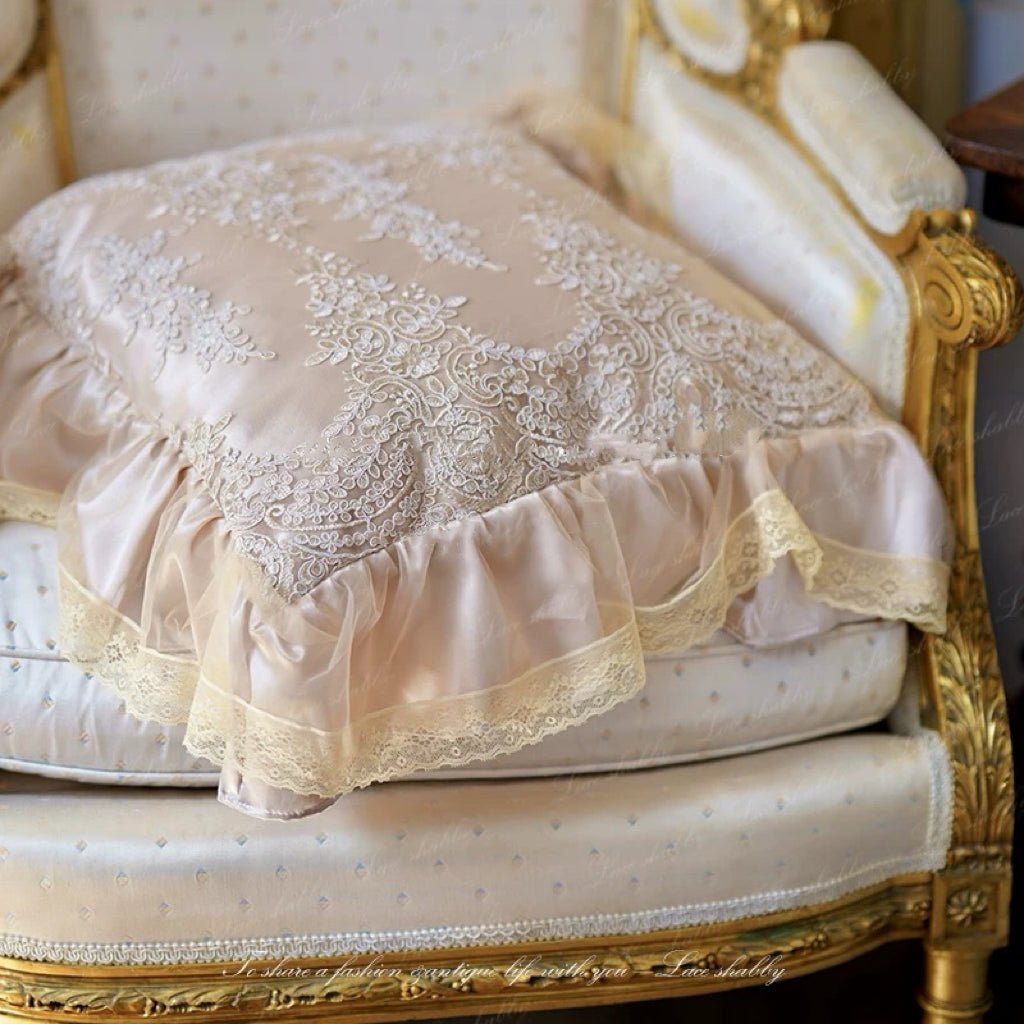 “Lace Reverie” Handmade Tea Gold Satin Cushion – Vintage Floral Throw Pillow with Ruffled Edge - WonderlandByLilian