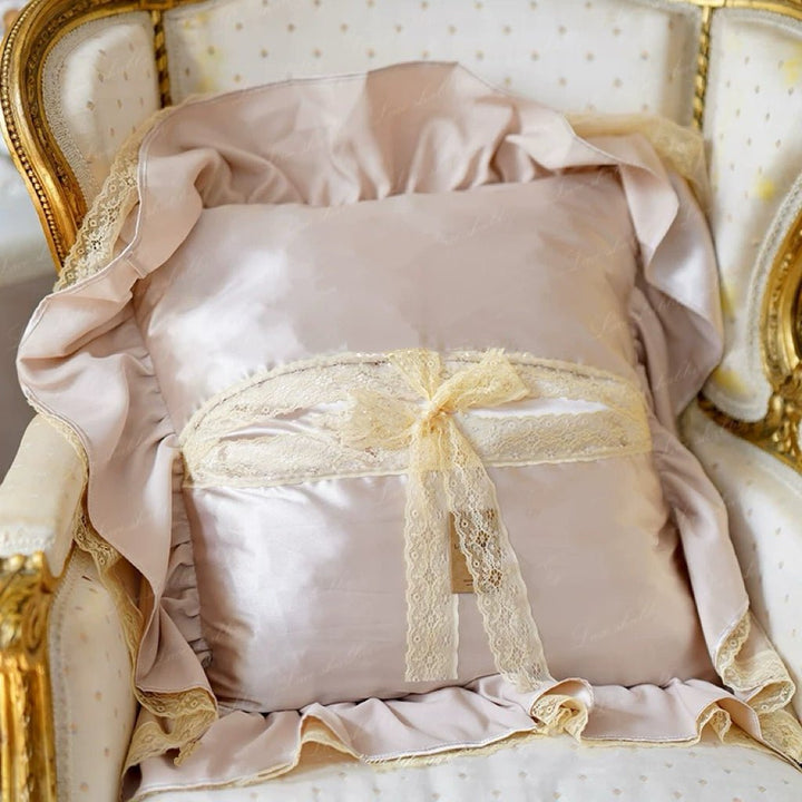 “Lace Reverie” Handmade Tea Gold Satin Cushion – Vintage Floral Throw Pillow with Ruffled Edge - WonderlandByLilian