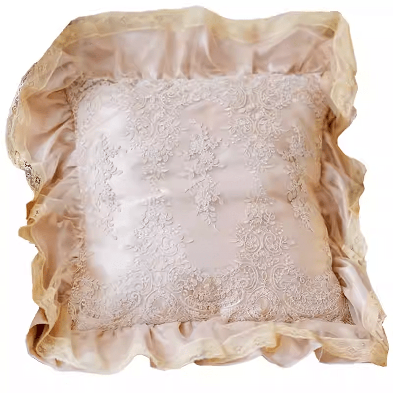“Lace Reverie” Handmade Tea Gold Satin Cushion – Vintage Floral Throw Pillow with Ruffled Edge - WonderlandByLilian