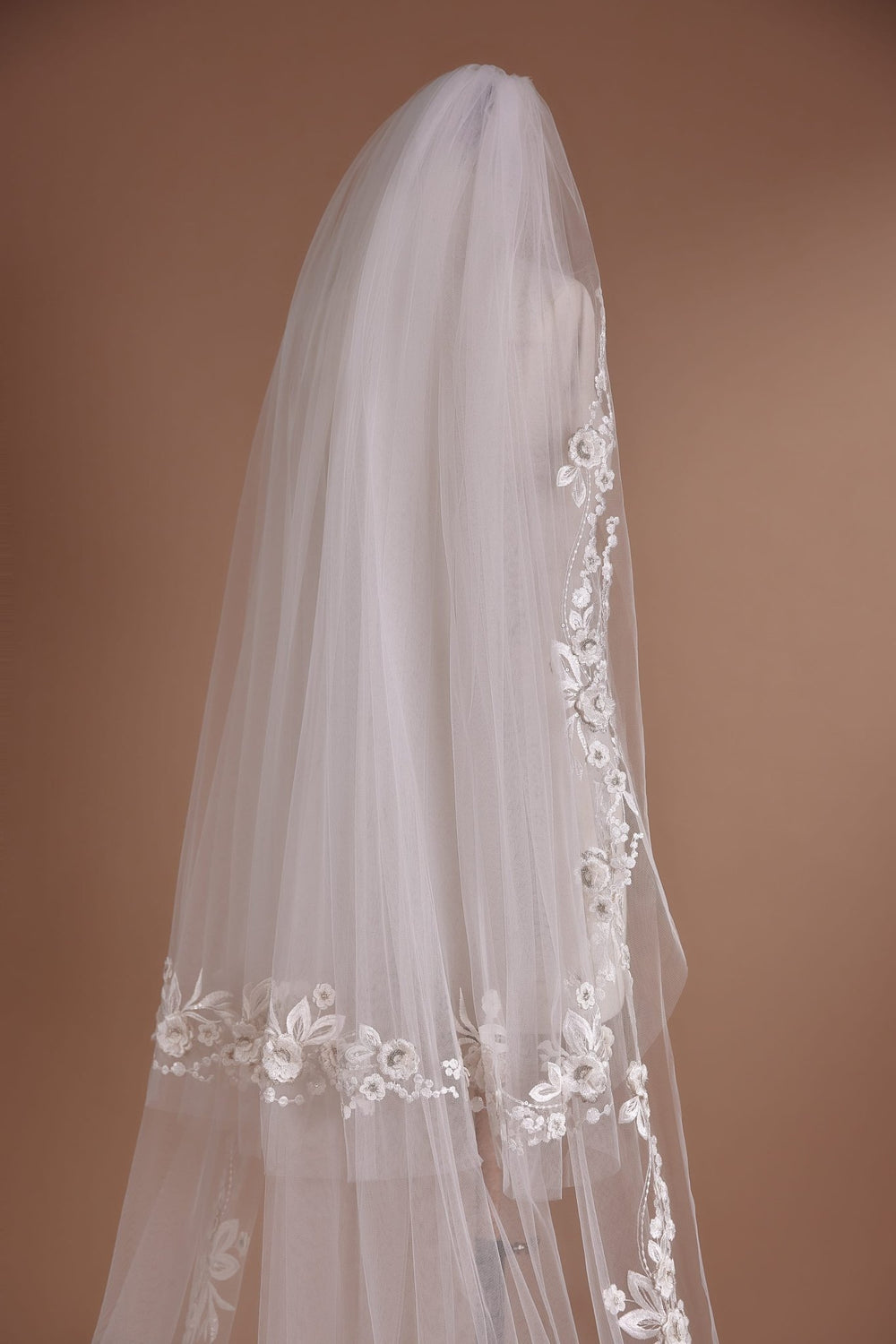 Lace-Trimmed Cathedral Veil with Floral Embroidery Plus Size - WonderlandByLilian