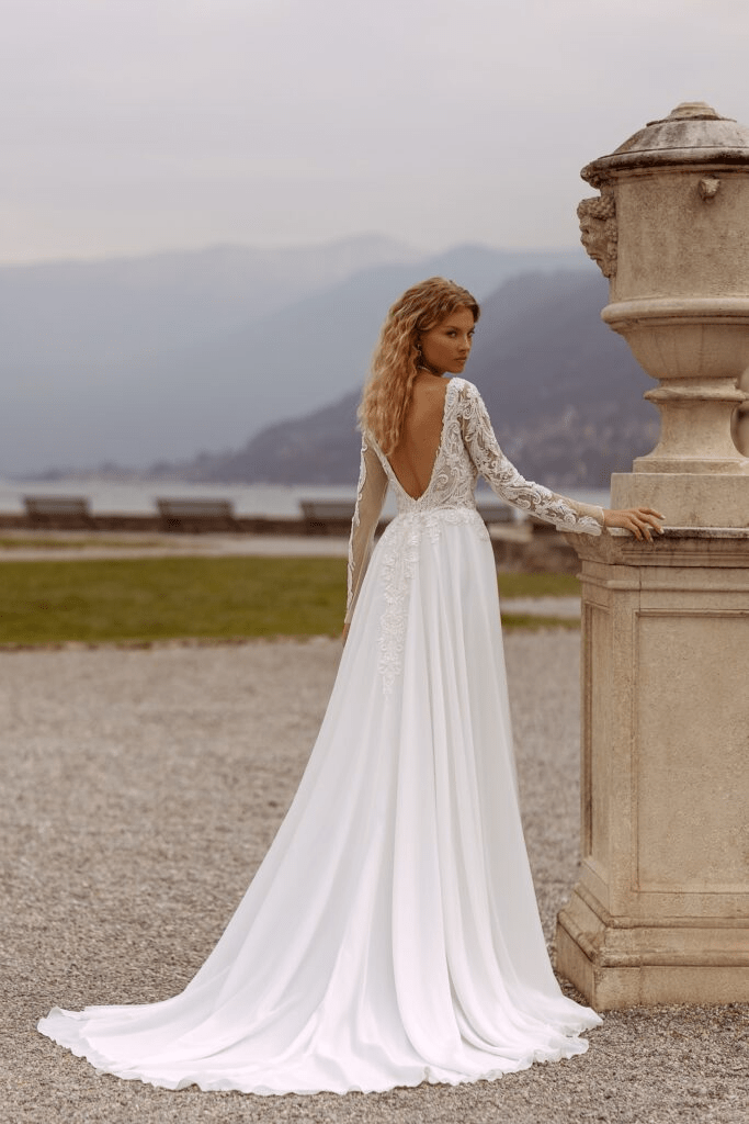 Lace Wedding Dress Sleeves Open Back - Fitted Wedding Dress with High Slit - Long Sleeves Wedding Gown Plus Size - WonderlandByLilian