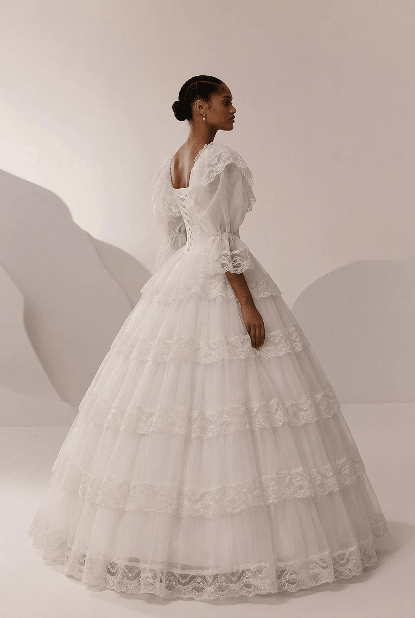Lace Wedding Dress with Long Sleeves and Corset – Ruffle Layered Wedding Dress with Puff Sleeves Plus Size - WonderlandByLilian