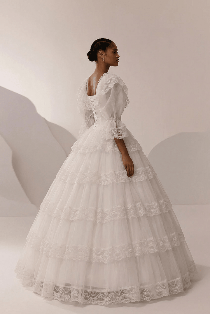 Lace Wedding Dress with Long Sleeves and Corset – Ruffle Layered Wedding Dress with Puff Sleeves Plus Size - WonderlandByLilian