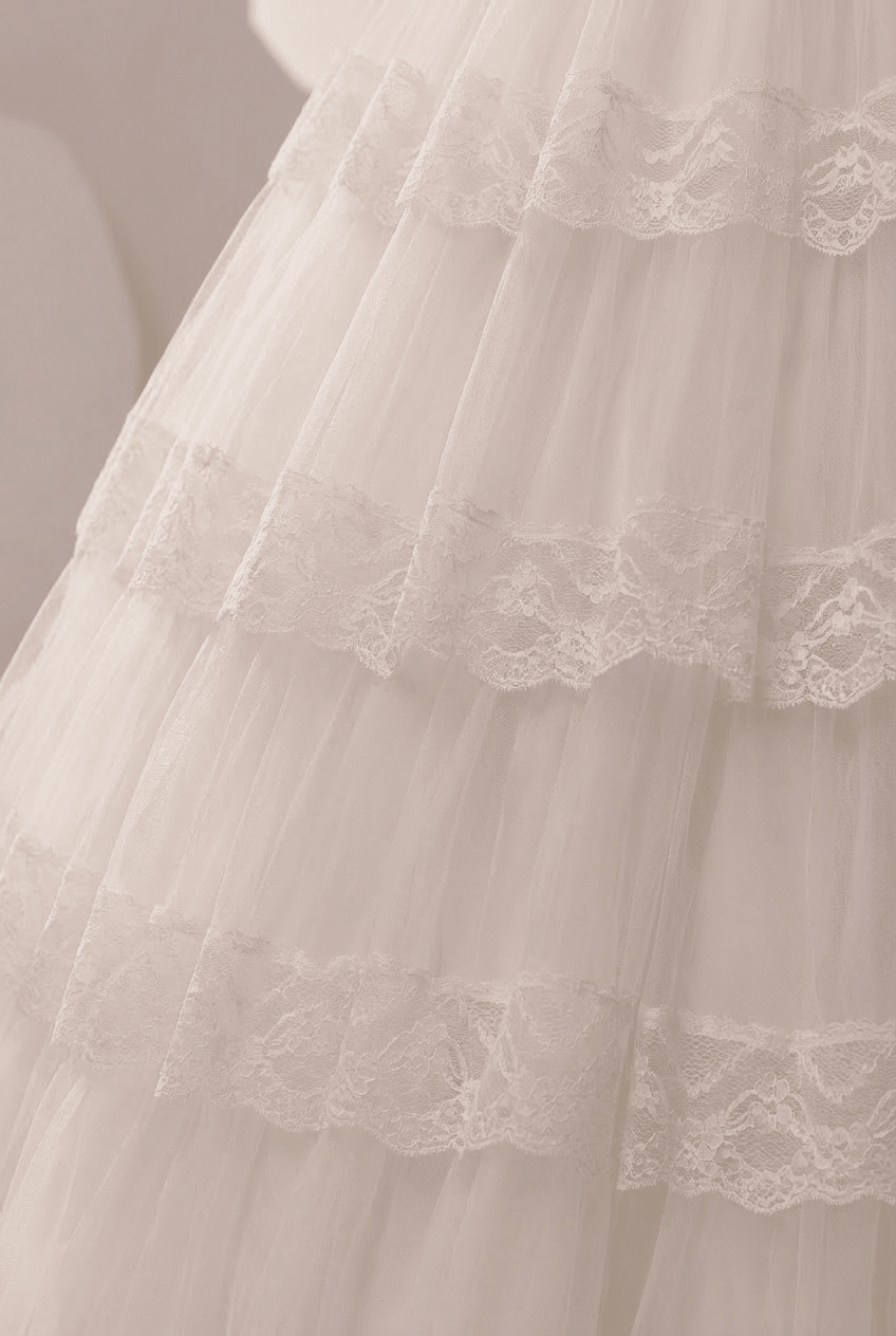 Lace Wedding Dress with Long Sleeves and Corset – Ruffle Layered Wedding Dress with Puff Sleeves Plus Size - WonderlandByLilian