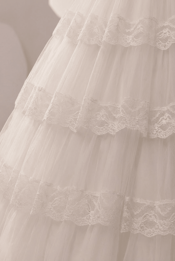Lace Wedding Dress with Long Sleeves and Corset – Ruffle Layered Wedding Dress with Puff Sleeves Plus Size - WonderlandByLilian