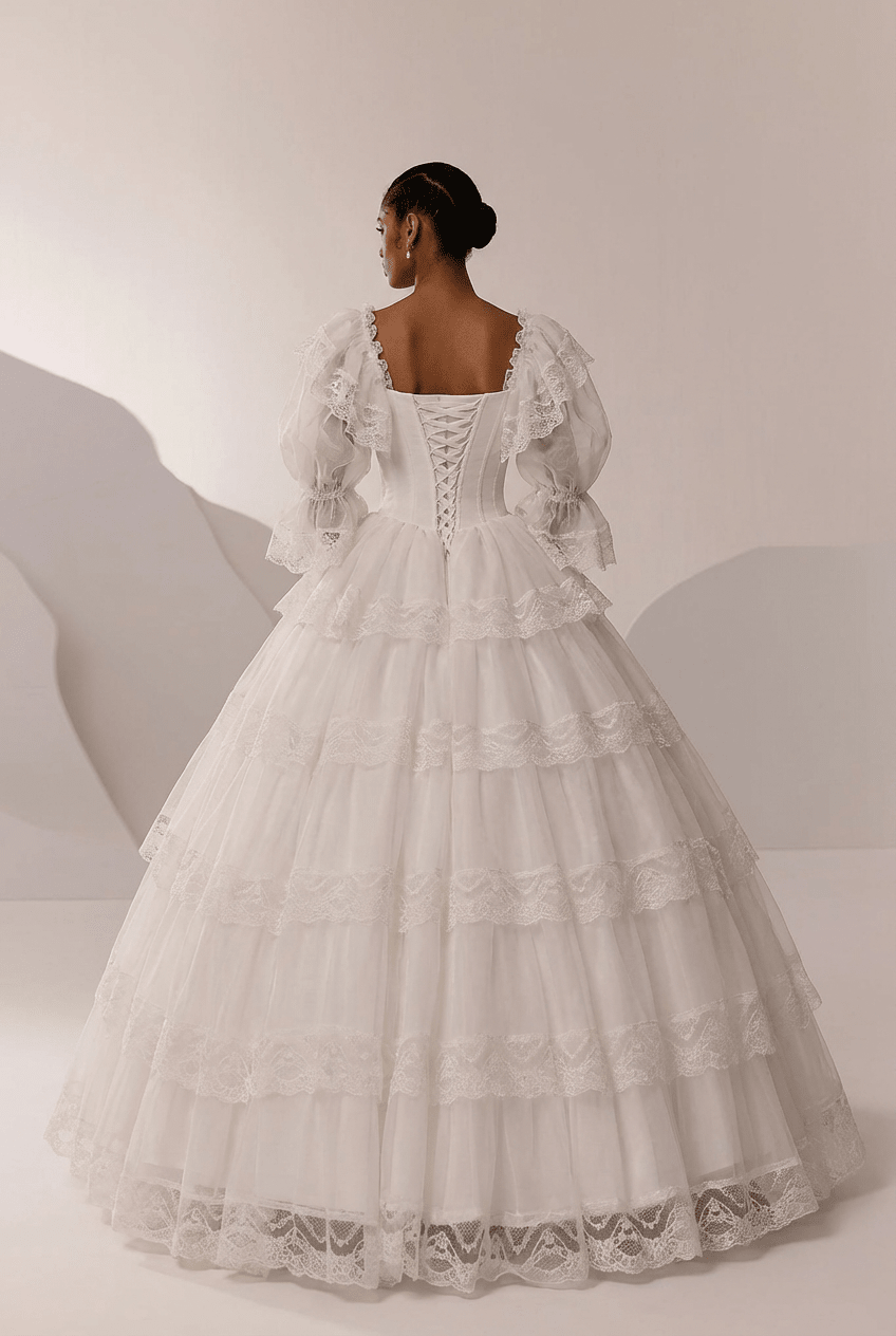 Lace Wedding Dress with Long Sleeves and Corset – Ruffle Layered Wedding Dress with Puff Sleeves Plus Size Size 26W / No Veil