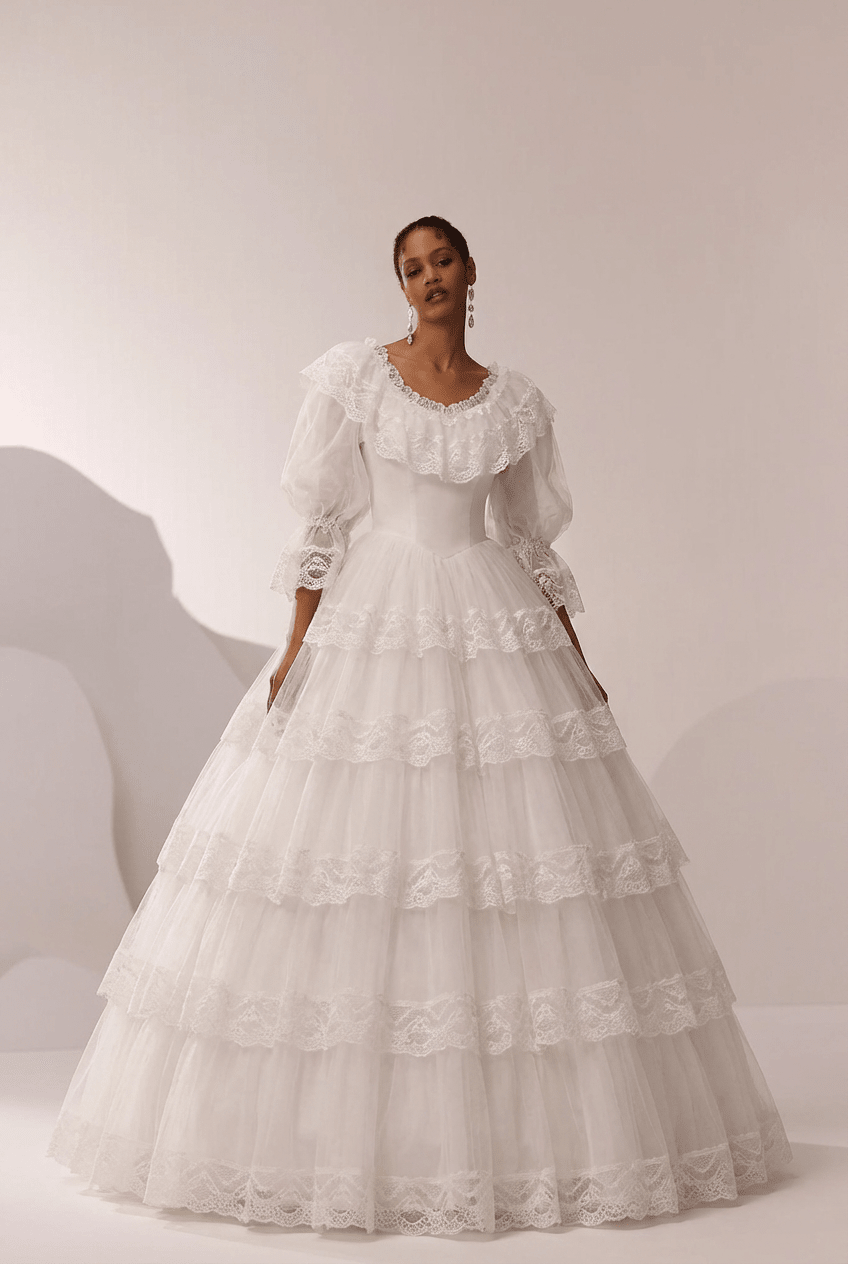 Lace Wedding Dress with Long Sleeves and Corset – Ruffle Layered Wedding Dress with Puff Sleeves Plus Size Size 26W / No Veil