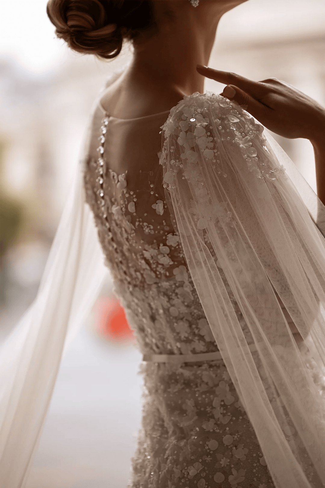 Lace Wedding Dress with Shoulder Veil – Floral Wedding Dress with Pearl Embellishments and Sheer Floral Bodice Plus Size - WonderlandByLilian