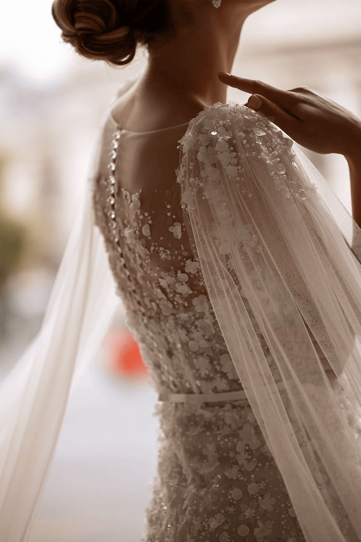 Lace Wedding Dress with Shoulder Veil – Floral Wedding Dress with Pearl Embellishments and Sheer Floral Bodice Plus Size - WonderlandByLilian