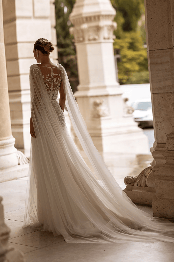 Lace Wedding Dress with Shoulder Veil – Floral Wedding Dress with Pearl Embellishments and Sheer Floral Bodice Plus Size - WonderlandByLilian