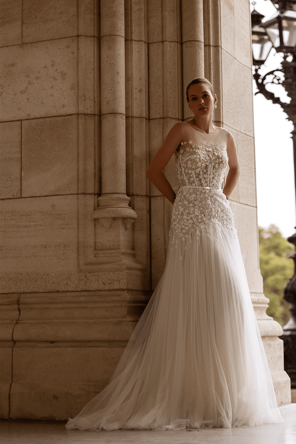 Lace Wedding Dress with Shoulder Veil – Floral Wedding Dress with Pearl Embellishments and Sheer Floral Bodice Plus Size - WonderlandByLilian