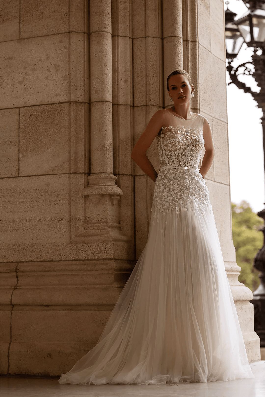 Lace Wedding Dress with Shoulder Veil – Floral Wedding Dress with Pearl Embellishments and Sheer Floral Bodice Plus Size - WonderlandByLilian