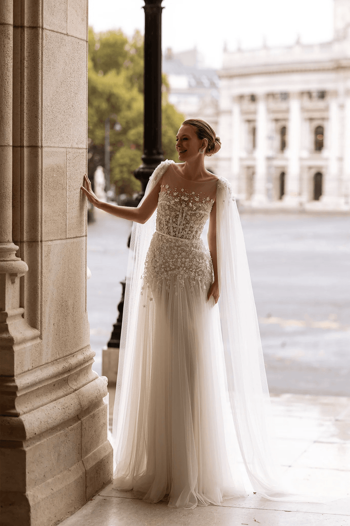 Lace Wedding Dress with Shoulder Veil – Floral Wedding Dress with Pearl Embellishments and Sheer Floral Bodice Plus Size - WonderlandByLilian