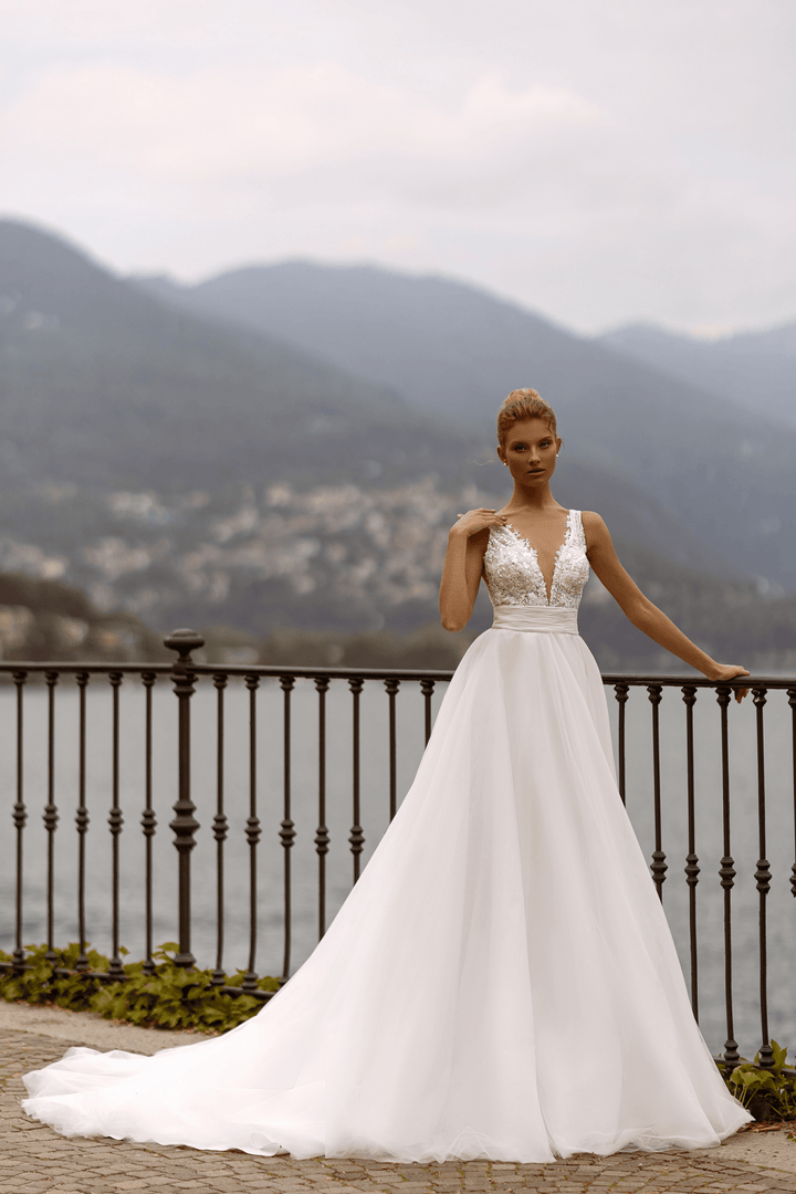 Lace Bodice Wedding Gown - Open Back Wedding Dress with Lace Strap - Sleeveless Ball Gown Wedding Dress with V - Neck Plus Size - WonderlandByLilian