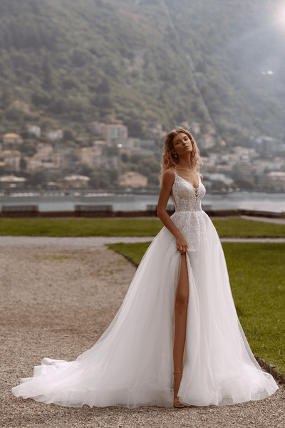 Lace Corset Back Wedding Dress - Floral Tulle Wedding Dress with High Slit - Sleeveless Ball Gown Wedding Dress Plus Size - WonderlandByLilian