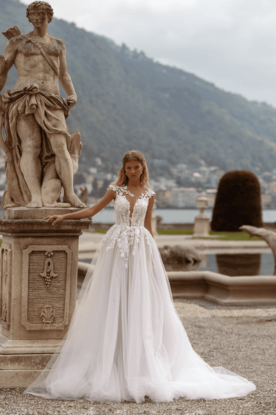 Lace Corset Wedding Dress - Floral Tulle Wedding Dress with High Slit - Sleeveless Ball Gown Wedding Dress Plus Size - WonderlandByLilian