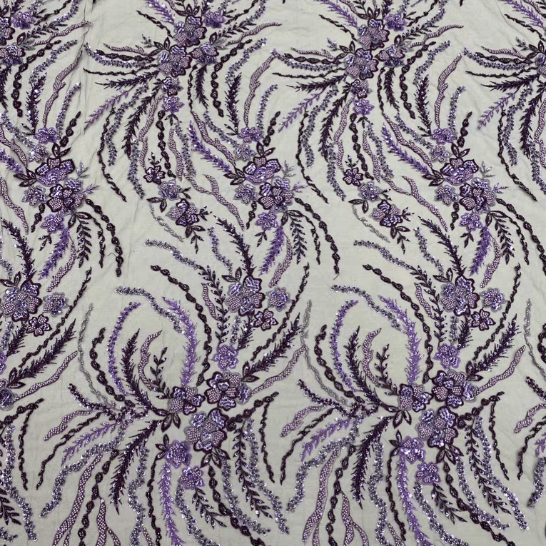 Lavender and Plum Sequin Floral Embroidered Lace Fabric - WonderlandByLilian