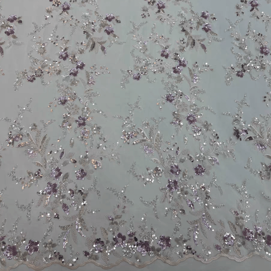 Lavender and Silver Sequin Floral Embroidered Lace Fabric - WonderlandByLilian