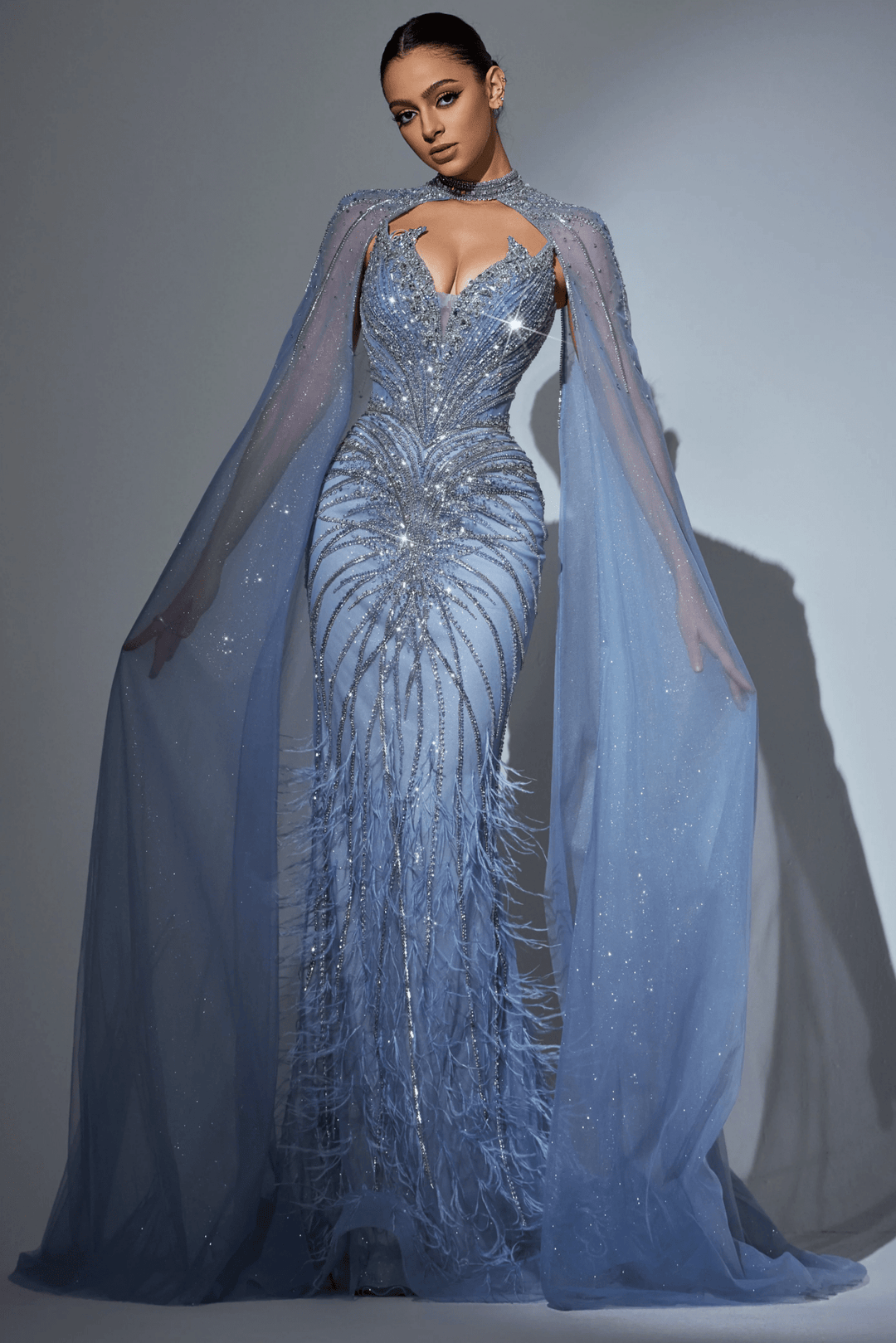 Lavender Blue Sequin and Feather Dress - Designer Sequin Gown with Beaded Corset – Strapless Glitter Dress with Sheer Cape and High Slit Plus Size - WonderlandByLilian