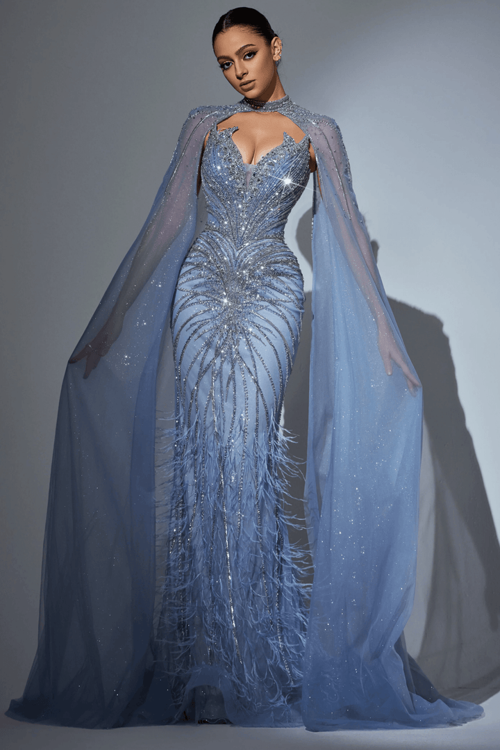 Lavender Blue Sequin and Feather Dress - Designer Sequin Gown with Beaded Corset – Strapless Glitter Dress with Sheer Cape and High Slit Plus Size - WonderlandByLilian