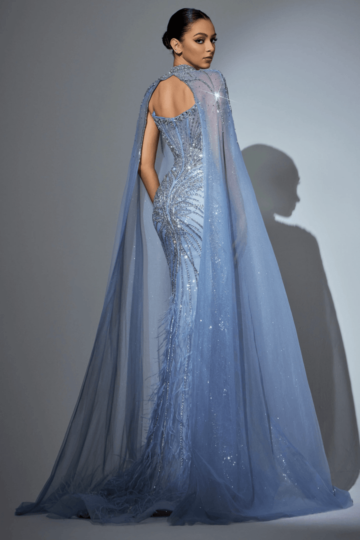 Lavender Blue Sequin and Feather Dress - Designer Sequin Gown with Beaded Corset – Strapless Glitter Dress with Sheer Cape and High Slit Plus Size - WonderlandByLilian
