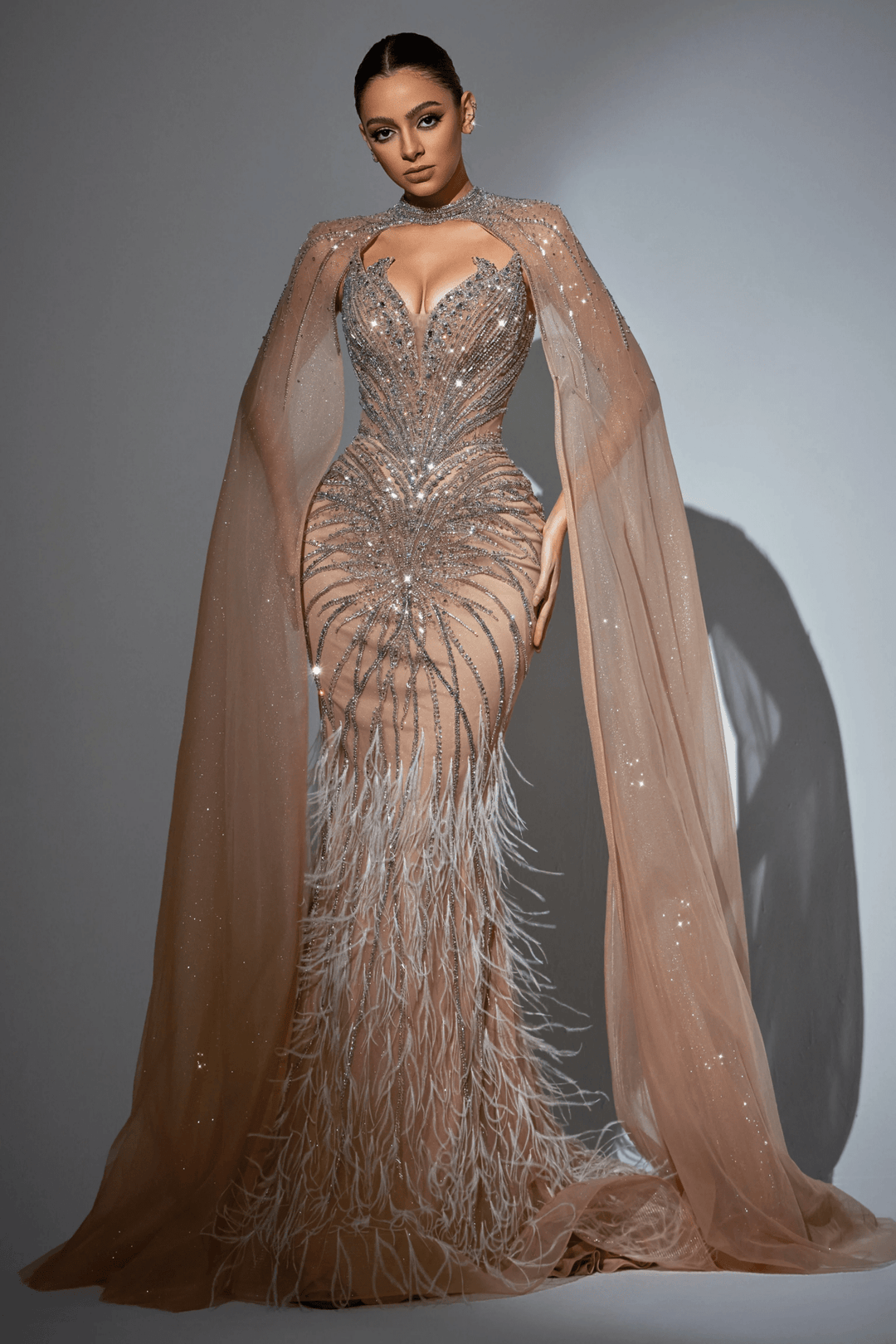 Lavender Blue Sequin and Feather Dress - Designer Sequin Gown with Beaded Corset – Strapless Glitter Dress with Sheer Cape and High Slit Plus Size - WonderlandByLilian