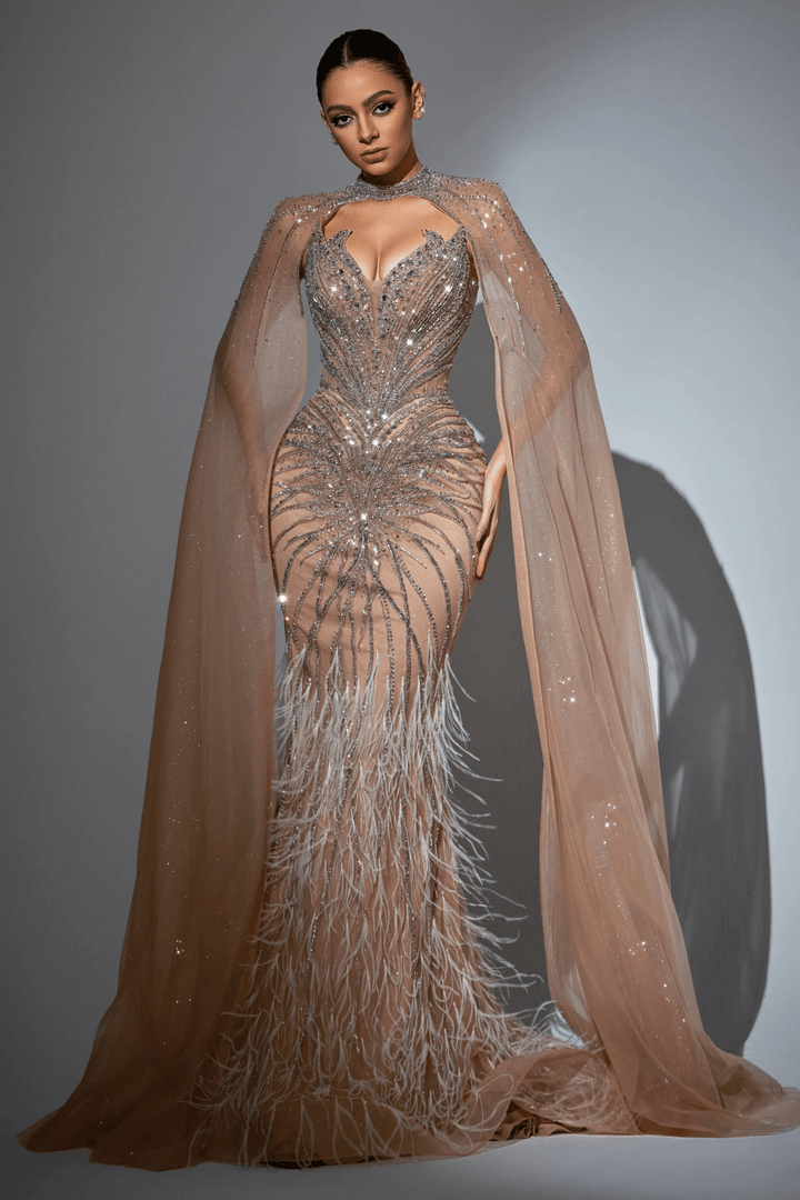 Lavender Blue Sequin and Feather Dress - Designer Sequin Gown with Beaded Corset – Strapless Glitter Dress with Sheer Cape and High Slit Plus Size - WonderlandByLilian
