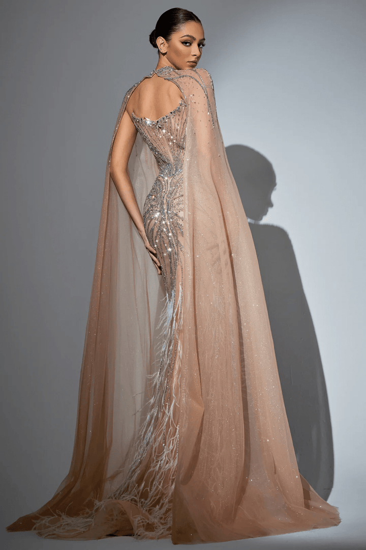 Lavender Blue Sequin and Feather Dress - Designer Sequin Gown with Beaded Corset – Strapless Glitter Dress with Sheer Cape and High Slit Plus Size - WonderlandByLilian