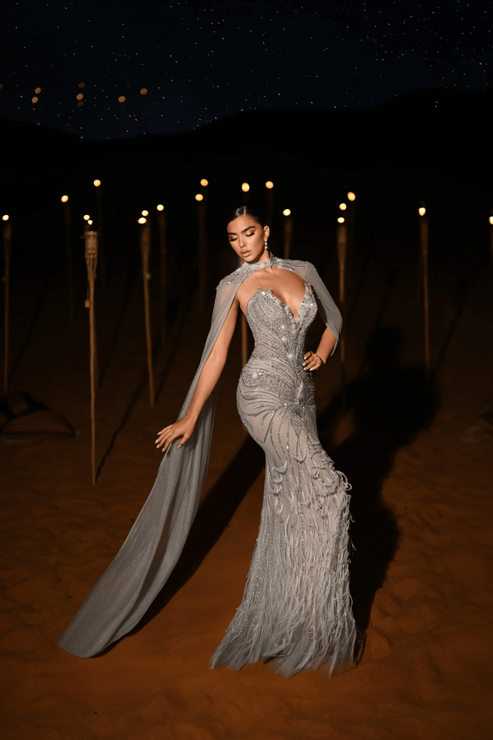 Lavender Blue Sequin and Feather Dress - Designer Sequin Gown with Beaded Corset – Strapless Glitter Dress with Sheer Cape and High Slit Plus Size - WonderlandByLilian