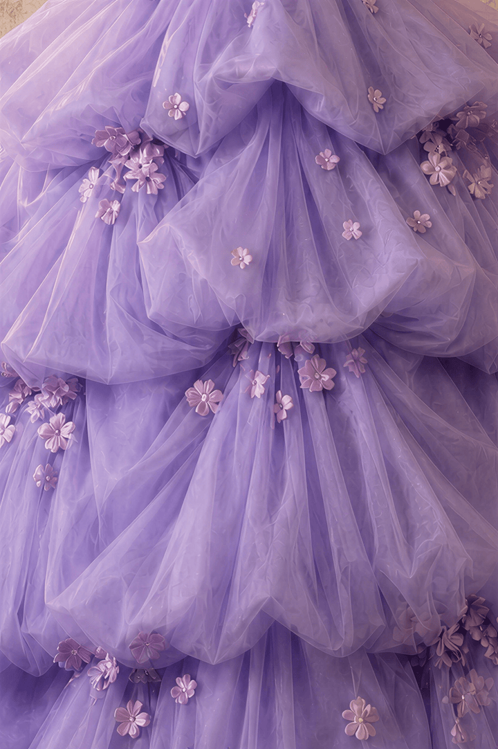Lavender Floral Tulle Princess Ball Gown Strapless Corset Fairy Evening Dress Romantic Couture Formal Gown Fantasy Prom Dress Plus Size - WonderlandByLilian