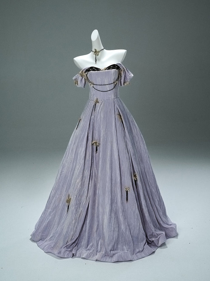 Lavender Purple Evening Dress with Butterfly Appliqué – Velvet Evening Gown with Corset Back and Matching Choker Plus Size - WonderlandByLilian